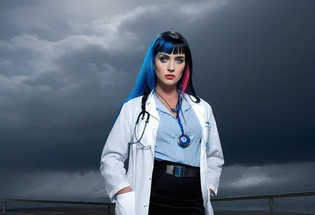 cinematic film still, saturated colors, negative space,
1 adult woman, civitai-chan, braided bangs
(breaking bad style),
face of Marie Schrader,
(solo female focus),
labcoat, shirt, shirt tucked in, single vertical stripe, black skirt, pencil skirt, pantyhose, necklace, belt
multicolored hair, black hair, blue hair, blue eyes
leading lines,
backdrop is bluesky_style, gray sky, sunset