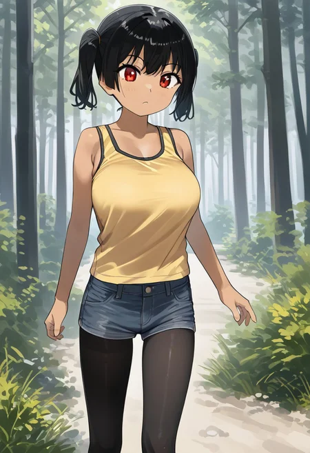 outdoors,nature,
solo,
KannaSasaki,1girl,black hair,short twintails,red eyes,tan
large breasts,
yellow tank top,
denim shorts,pantyhose,
standing,