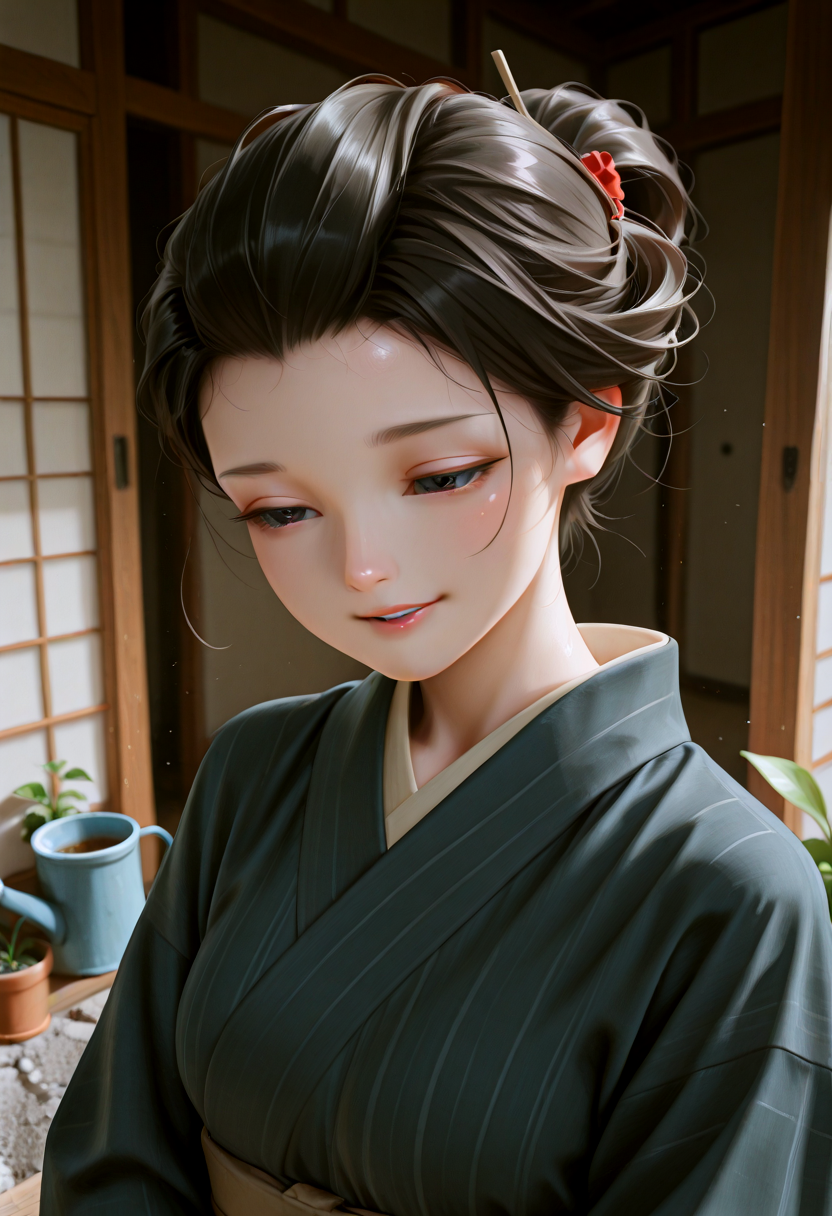 IllusP0s, masterpiece, best quality, amazing quality, very aesthetic, absurdres, newest,  (detailed eyes),((ultra detailed hair:1.4)),eye focus
BREAK
1girl,solo, k1ku_pr, black eyes, K_kimono,k_obi,k_hadaj,k_nihongami, white tasuki, Sparkle eyes, smile
BREAK
Japanese family home in 1920, garden, watering flowers, watering with a watering can, squatting, in a good mood, gentle smile,((upper body)),
 <lora:Kiku_-_Kikus_Prayer_-_AI_Challenge:0.8>, parted lips,