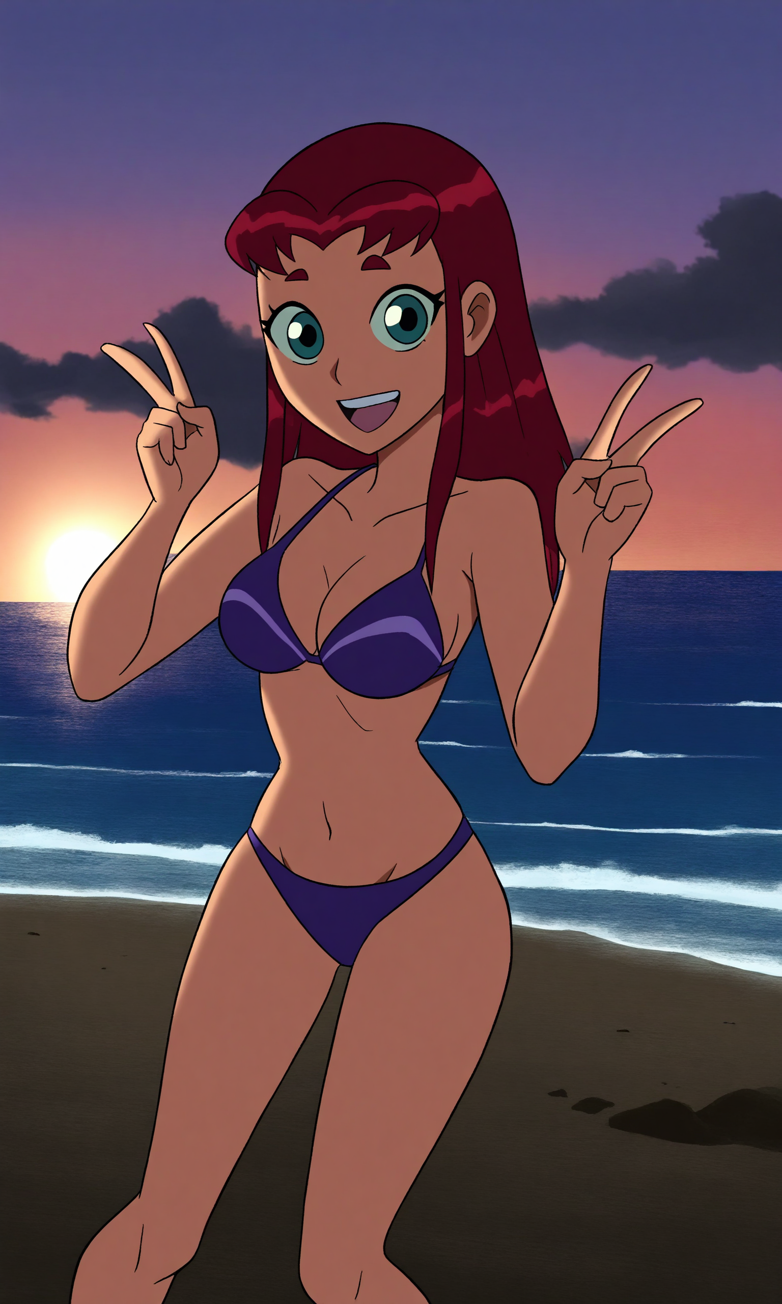 masterpiece, best quality, high resolution, absurdres, 1girl, starfiredc, green_eyes, red_hair, long_hair, medium_breasts, bikini, outdoors, happy, double_v, beach, looking_at_viewer,
