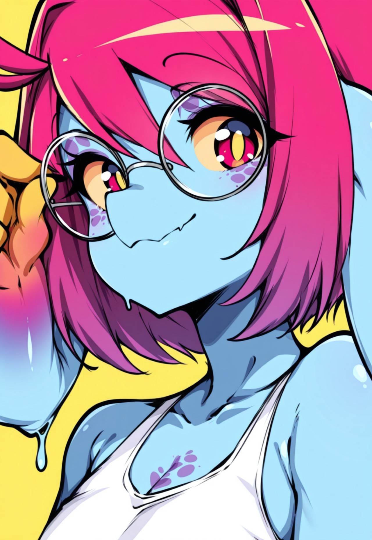Score_9, score_8_up, score_7_up,masterpiece, best quality, newest, highres,very aesthetic, absurdes, detailed eyes, beautiful, perfect eyes ,1girl, cteno, yellow_sclera,monster girl, red hair, short hair, blue skin, head arms, portrait, smiling, looking at viewer, circle glasses, tank top, upper body, portrait