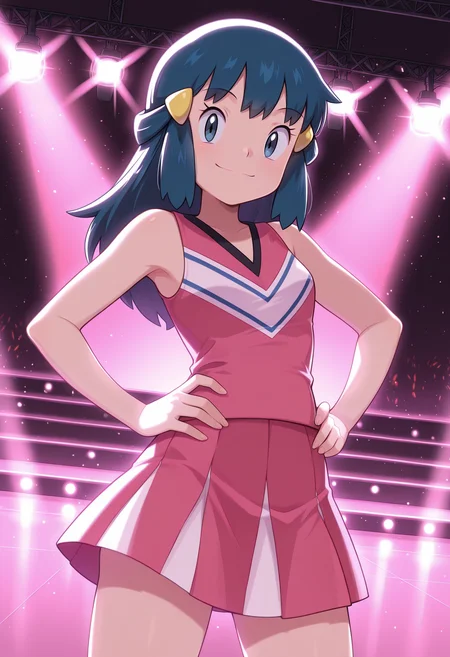 masterpiece, best_quality, amazing_quality, ,11girl, solo, looking_at_viewer, dawn_\(pokemon\), 1dawncheer, sleeveless, pink_shirt, long_shirt, pink_skirt1smile111, stage,stage_lights, standing,hands_on_hips