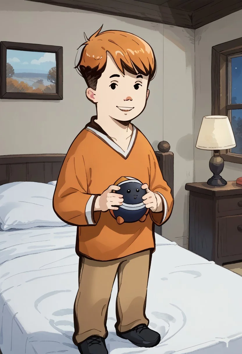 TheBMFH, 
score_8, score_8_up, score_7_up, 1boy, solo, JP_Cotc, light skin, black eyes, small eyes, black eyebrows, orange hair, short hair, long-sleeve orange-white striped hockey jersey, V-neck, tan pants, black shoes, smile, standing, indoors, bed, bedroom, nightstand, lamp, window, looking at the viewer, perfect hands. perfect smile, perfect eyes