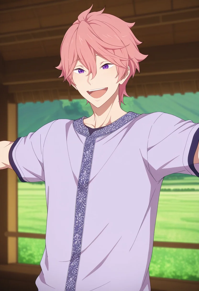 masterpiece, best quality, intricate details, (3d:0.4),, 1boy, solo, male focus, <lora:kisumi_shigino_ilxl:0.92>, kisumi_shigino, pink hair, purple eyes, hair between eyes, , upper body, hill, greenery, indoors, spread arms, laughing,