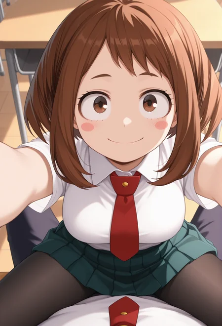 masterpiece, best quality, amazing quality, 1girl, <lora:Illuraraka:1> illuraraka, brown hair, short hair, blush stickers, brown eyes, white shirt, short sleeves, necktie, pleated skirt, black pantyhose, pov, sitting, sitting on lap, looking at viewer, smile, reaching towards viewer, classroom, outstretched arms, facing viewer, legs apart,