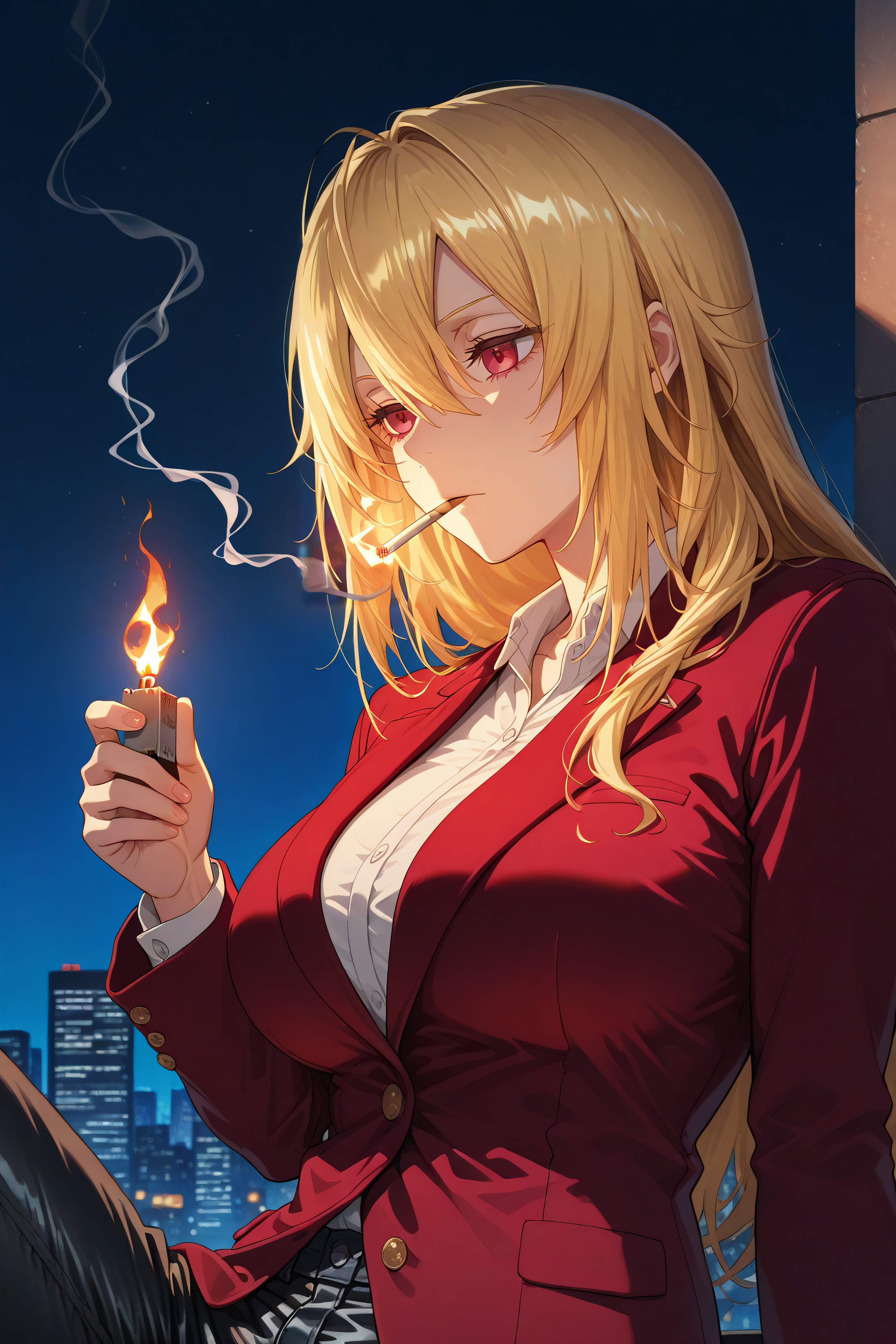 masterpiece, best quality, <lora:Angelica Rapha Redgrave-Illustrious-lora-Faxtron:1> angelica, red eyes, blonde hair, long hair, hair between eyes, large breasts, Velvet blazer, black jeans, <lora:cigarette2XLP:1> cigarette, smoking, mouth hold,, fire, lighter, holding, night sky, city,