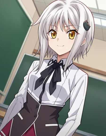 score_9, score_8_up, score_7_up, source_anime,
konekotoujou, <lora:koneko-toujou-ponyxl-lora-nochekaiser:1>,
koneko toujou, short hair, hair ornament, yellow eyes, white hair, smile,
skirt, school uniform, shirt, white shirt, collared shirt, neckerchief, black neckerchief, long sleeves, red skirt,
indoors, classroom,
looking at viewer, dutch angle, cowboy shot,