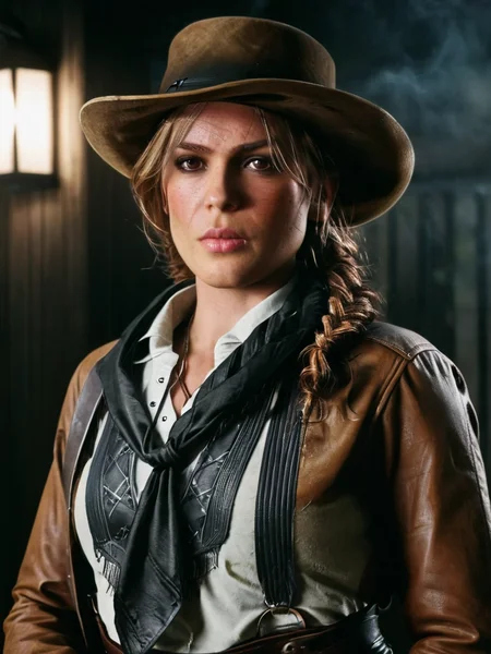 <lora:SadieAdler:1.2>, SadieAdler, braided blonde hair, wearing a brown leather duster coat, a white shirt, a black neckerchief, black trousers, black leather chaps, dark brown boots and a bandolier, and a dark brown hat, , <lora:skin_4:0.3>, <lora:SDXL_DetailedEyes_V3:1>, <lora:Perfect Hands:0.7>, <lora:add-detail-xl:1>, <lora:SDXL_more_details:1>, <lora:SDXL_extremely_detailed:1> ,
scared, nervous, medium shot, (masterpiece, high resolution, Technicolor filmstill:1.3), the most hauntingly resplendent woman, (piercing gaze:1.2), (dark allure:1.1), ojou-sama pose in a trying dock at late morning, casting eerie shadows, (intense expression:1.1), (whispers of the night:1.2), reaching out like skeletal fingers, (alarming atmosphere:1.2), (direful presence:1.1), shot on a 35mm Arriflex camera with an Angenieux 25-250mm f/3.2 lens, adding a cinematic quality to the haunting scene, a captivating blend of beauty and darkness in a Technicolor filmstill that evokes an ethereal sense of otherworldly enchantment, perfect eyes