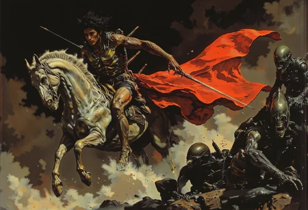 A valiant warrior on the back of a majestic white stallion, captured mid-charge in a dramatic oil painting that masterfully blends classical and modern elements. The young man's muscular form is adorned in gleaming golden armor, meticulously detailed with regal patterns that reflect his unyielding spirit. His curly dark hair is swept back by the wind, while his intense gaze is locked on the terrifying xenomorph from the Alien universe that rears before them, its elongated, biomechanical limbs poised to strike. The warrior's firm grip on the reins with his left hand and the spear plunging into the creature's exoskeleton with his right conveys a sense of unbridled courage and imminent victory. The red cloak billows out in the chaos, a vibrant splash of color against the stormy backdrop of tempestuous clouds that swirl with a brooding intensity. An unexpected chrome line slices through the scene diagonally, partially obscuring the hero's face and adding a surreal twist to the timeless battle. This intricate blend of historical grandeur and futuristic horror invokes the legend of Saint George facing his dragon, reimagined with a cinematic flair. The painting's textures—from the smooth, gleaming armor to the horse's powerful muscles and the xenomorph's grotesque form—are rendered with a realism that brings the ancient struggle to life, while the stark contrast of light and shadow enhances the atmosphere of valor and urgency.