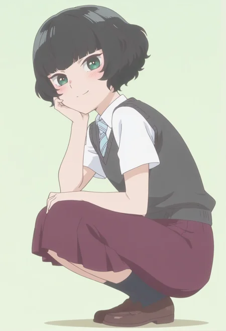 anime screencap, anime coloring, <lora:DX888Hitoha:1> hongou hitoha, green eyes, black hair,short hair, blunt bangs, BREAK school uniform, white shirt, striped necktie, sweater vest, skirt, socks, BREAK simple background, green background, BREAK 1girl, blush, closed mouth, full body, hand on own face, looking at viewer, smile, solo, squatting, from side,