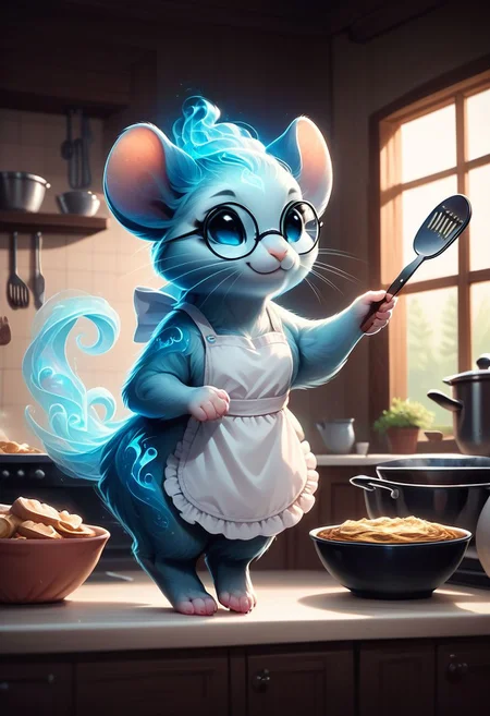 score_9, score_8_up, score_7_up, score_6_up, score_5_up, score_4_up, best quality, masterpiece, Spirit Animal, elder rodent cooking up a delicious meal holding spatula in their paw, floating in the air, cute, apron, paws, kitchen, wearing glasses,