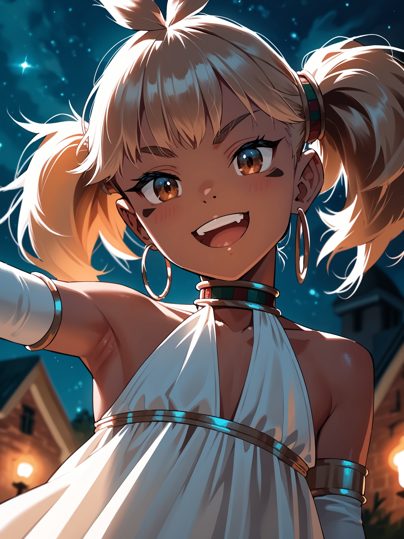 <lora:happy_tentacle-genpnepet-v0.8-000010:1>, ht_genpnepet, (facial mark:1.1), hair ornament, hoop earrings, choker, bracelet, (dark-skinned female, brown eyes, blonde hair:0.8) , smile, open mouth, outdoors, night sky, graveyard, funeral dress, elbow gloves cowboy shot, 1girl, solo focus, (looking at viewer:1.1), backlighting, (depth of field:0.8), (from below:0.8), [(realistic, photorealistic:1.2):(realistic:1.3):22], [(3d:1.2)::10], <lora:LUUNA's Lunas-NijiJourney-SDXL-B2:0.5>, nijijourney, <lora:prgfrg23's Counterfeit-V3.0 Style SDXL_LoRA_Pony Diffusion V6 XL:0.3>, <lora:Shed_The_Skin's StS_age_slider_v1_initial_release:-1>, score_9, score_8_up, score_7_up, score_6_up, score_5_up, score_4_up