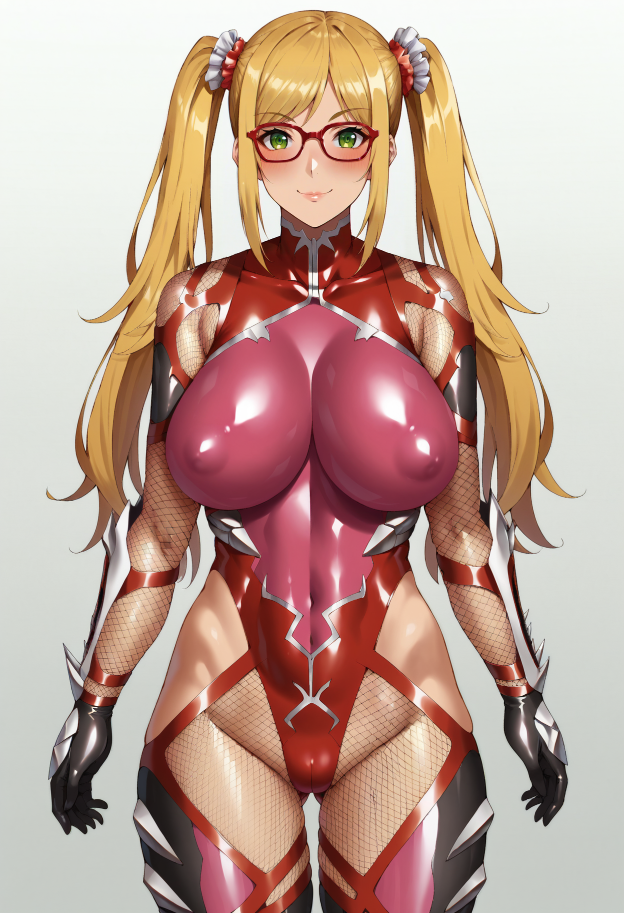 score_9, score_8_up, score_7_up, score_6_up, source_anime,
1girl, solo, konno (tohiro:0.5), 
standing, 
looking at viewer, smile, blush,  
Kousaka_Shizuru_SK, 
green eyes, long hair, blonde hair, red-framed eyewear, glasses, twintails, 
bodysuit, pink bodysuit, fishnets, elbow gloves, skin tight, thighhighs, taimanin suit, 
simple background, white background, 
 <lora:Kousaka_Shizuru_SK:1.0>