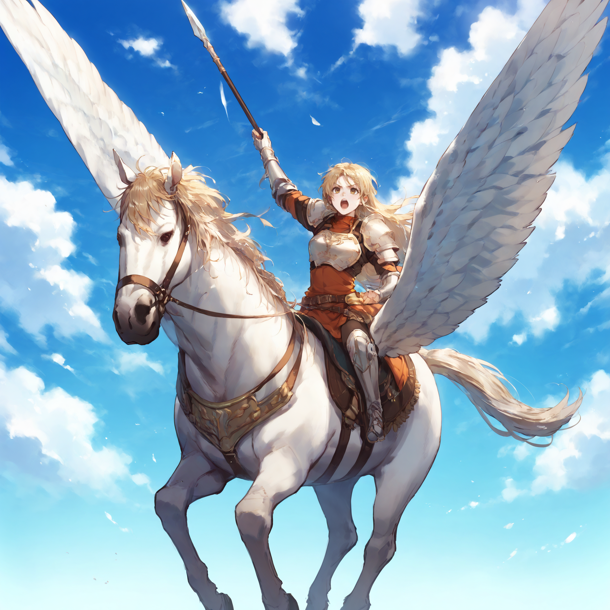 score_9,score_8_up,score_7_up,extreme detailed,full_body,zPDXL BREAK sky,flying,
<lora:Pony_DetailV2.0:1>,pegasus knight,horse,horseback riding,pegasus,<lora:pegasus knight:0.8>,long hair,shoulder armor,breastplate,pegasus knight uniform \(fire emblem\),fighting stance,holding_spear,charging forward,open mouth,