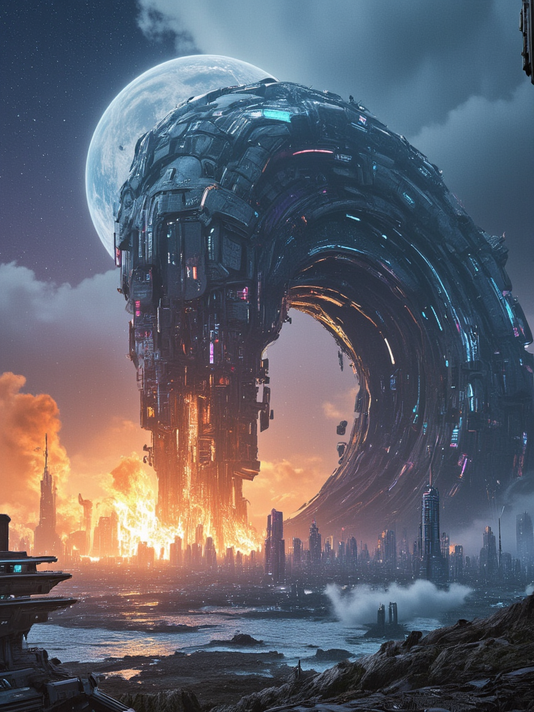 <lora:Space_Worlds_01__Poetic_flux2:1>  sw01p_flux, cyberpunk giant waves, lots of wind, fire storm, fire giant monster,