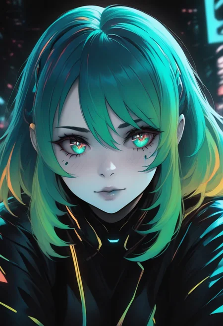 1girl, dual tone neon green hair, CatGirlNeonStyle, pale skin, CatGirlStyle, Smooth Quality, dual tone coloring, adult, cybernetic enhancements, noir, !!!