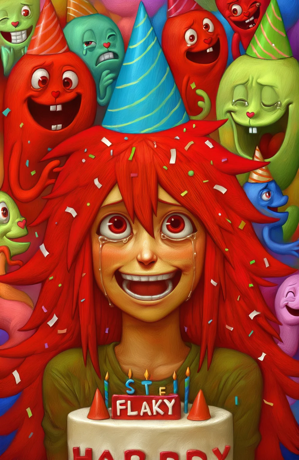 good quality, best quality, highres, masterpiece, painterly, comedy, parody,
flaky \(happy tree friends\), happy tree friends, 1girl, red eyes, hair between eyes, red hair, long hair, very long hair, birthday, cake, party hat, serpentine, candyland, happy, smile, laughing, tears of laughter,
<lora:Melancholy illustrious:0.7>