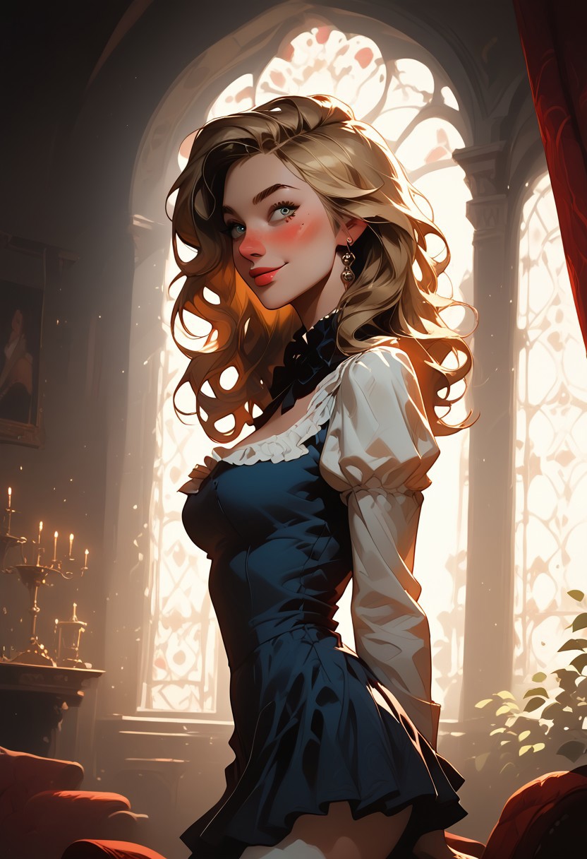 score_9, score_8_up, score_7_up, ExpresHGothicNeonIncase, detailed image, close_up, 1girl, very_long_brown_hair, parted_hair, hairbow, medium_breasts, bnnnbrst, glowing_lips, beautiful_face, beautiful_eyes, pink_eyes, red_broach, white_shirt, blue_skirt, white_stockings, head_leaning sideways, smile, posing, parted_lips, blushing, freckles, surrounded_by_god rays, (motion_lines:1.0), (motion_blur:1.0), fantasy sensual charm, indoors, ballroom, chandelier, red_and_white_marble_floor, refelctive_checkered_flooring, tall_window, red_curtains, velvet_chairs, rose_petals, fantasy_sensual_charm, floating_particles, fantasy_colors, glowing_particles, soft_shadows, quirky_curves, rich_details, depth of field, soft focus, high contrast, dramatic lighting, cinematic lighting, minimal shadows, perfect composition