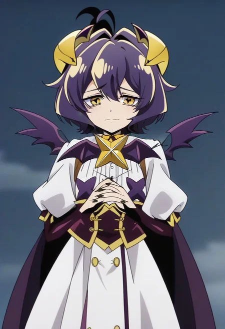 source_anime <lora:GushingoverMagicalGirlsSet1:0.8>, MagiaBaiser, short hair, yellow eyes, ahoge, purple hair, magical girl, showgirl skirt, black nails, low wings, cross-shaped pupils, yellow horns, star pasties,,, ,,, , , ,,,, ,,, , ,,,,,,,, anime coloring,anime screencap, 1girl,Solo ,, anime,official art,,Uncensored ,Unedited ,,,,,,,,