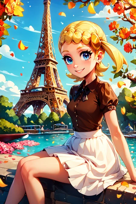 score_9, score_8_up, score_8, medium breasts, (curvy), cute, eyelashes, ,,, , ,,, zzBonnie, blue eyes, blonde hair, hair ornament, short hair, side ponytail, brown shirt, white skirt, <lora:Bonnie_Pokemon_PDXL:1.0> ,,,, BREAK, zzEiffelTower in background, sitting, watercraft, boat, sitting on wall, side view, looking at viewer, smile, ,,, BREAK, blooming stars, luminescent petals, otherworldly fragrance blurry background, ,,, embedding:zPDXL, Expressiveh, ,,, <lora:EiffelTowerPDXL:1.0>, <lora:CatalystStylePDXL:0.6>, <lora:SDXLFaeTastic2400:0.5>, <lora:Expressive_H-000001:0.4>,
