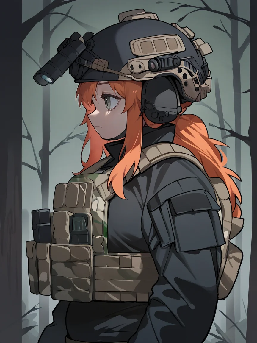 score_9, score_8_up, score_7_up, score_6_up, score_5_up, tactical clothes, 1girl, ginger hair, solo, helmet, gloves, grey eyes, tactical clothes, jacket, closed mouth, from side, long sleeves, black gloves, load bearing vest, camouflage, upper body, black jacket, binoculars, tree, profile, curvy, plump. long hair, <lora:tacticalclothesXLP:1>