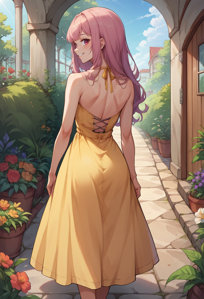 score_9, score_8_up, source_anime, 1girl, solo, MoriCalliope, long hair, from behind, yellow sundress, garden, day, sunshine, smile, looking back, <lora:CHAR-MoriCalliopePonyXL:1>