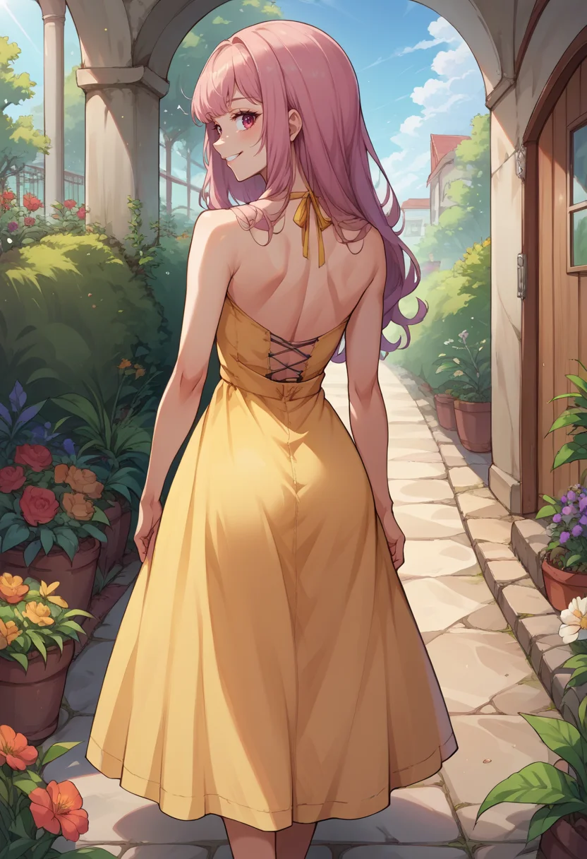 score_9, score_8_up, source_anime, 1girl, solo, MoriCalliope, long hair, from behind, yellow sundress, garden, day, sunshine, smile, looking back, <lora:CHAR-MoriCalliopePonyXL:1>