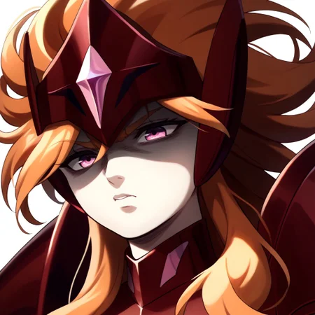 score_9, score_8_up, score_7_up, masterpiece, cromartie, shaded face, (((plump face))), ((grimacing)), benetmime,long wavy orange hair, red circlet, pink eyes, red armor, red pauldrons, white sleeves,
