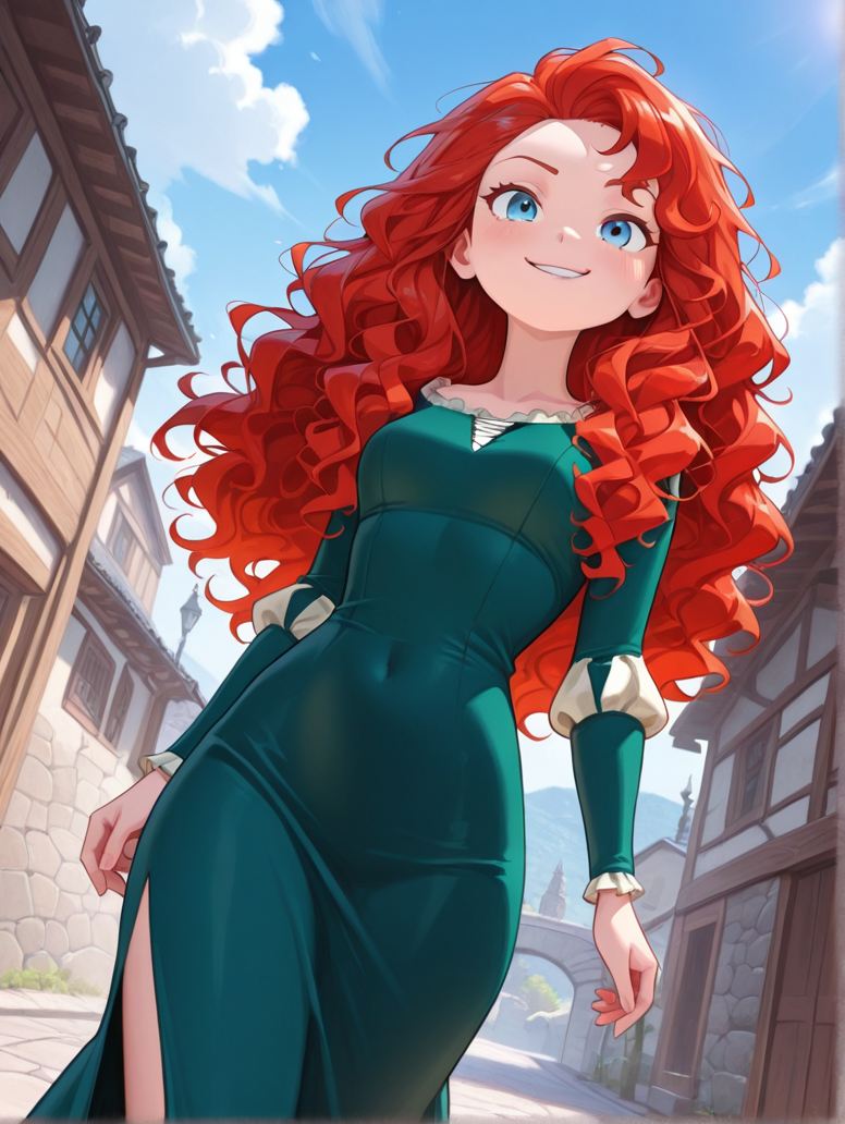 masterpiece, best quality, amazing quality, very aesthetic, absurdres,  newest, detailed background, outdoors, dynamic angle, cowboy shot, 4k,8k
meridaxd, 1girl, solo, long hair, red hair, blue eyes, smile, smirk, green dress, curly hair, 
 <lora:Merida_-_Disney_Illustrious:1>