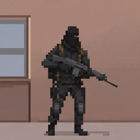 Middle eastern insurgent holding a rifle, in the middle of a federal bank during a heist, black suit, balaclava, duffel bag, fnfalrfl, pixel art