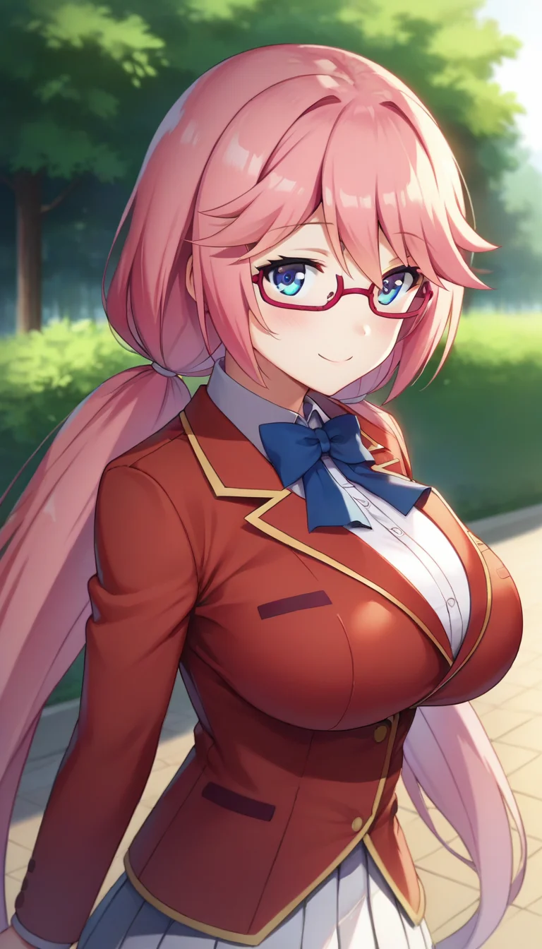 score_9,score_8_up,masterpiece,best quality,correct anatomy,anime_source,1girl,solo,perfect eyes,perfect arms,perfect legs,perfect face,outdoors,upper body,(portrait:1.5),looking at viewer,facing viewer,smile,blush,Sakura Airi,very long hair,pink hair,low twintails,hair between eyes,bangs,blue eyes,semi-rimless eyewear,red-framed eyewear,school uniform,red jacket,blazer,open jacket,blue bowtie,white shirt,collared shirt,dress shirt,long sleeves,large breasts,skindentation,miniskirt,white skirt,pleated skirt,black socks,loafers,brown footwear,<lora:Sakura Airi(cote)-Pony:1.6>,