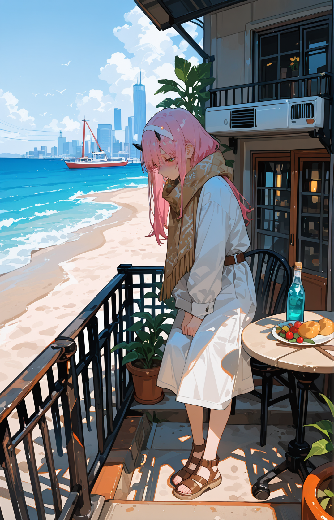 ZeroTwoCYQL,1girl,solo,pink hair,long hair,bangs,horns,hairband,white hairband,green eyes,nomad wraps, desert scarf, soft leather sandals,
BREAK
drunk,looking_down,
BREAK
scenery,sky,day,outdoors,railing,cityscape,cloud,city,building,bluesky,balcony,plant,standing,stairs,pottedplant,airconditioner,ocean,beach,wideshot,water,rooftop,shop,window,architecture,flower,food,cloudysky,umbrella,horizon,summer,lantern,bridge,table,bottle,cable,shadow,shade,chair,skyscraper,industrialpipe,banner,road,tree,sunlight,watercraft,crane(machine),tower,ladder,bird,powerlines,fence,lamppost,aircraft,sand,street,
BREAK
<lora:ponyv4_noob1_2_adamW:0.7>,<lora:spo_sdxl_10ep_4k-data_lora_webui:0.6>,<lora:USNR STYLE_XL_loha:0.45>,<lora:748cmSDXL:1>,usnr,748cmstyle,<lora:ZeroTwoCYQL:1>,
perfect quality,high quality,masterpiece,best quality,amazing quality,very aesthetic,absurdres,newest,