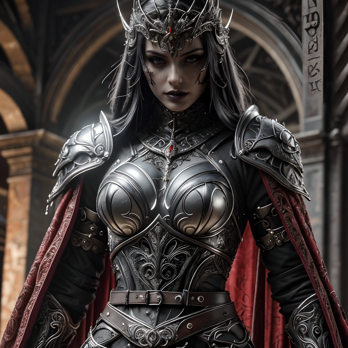 RAW photo, (masterpiece:1.3), subsurface scattering, heavy shadow, (high quality:1.4), (intricate, high detail:1.2), professional photography, HDR, High Dynamic Range, realistic, ultra realistic, photorealistic, high resolution, film photography, ambient lighting, atmospheric effects, <lora:detail_slider_v4:2>, OverallDetail,  <lora:DarkElfClothes:0.7>, a beautiful dark elf fighter, dark makeup, intricate silver plate armor, cape, tiara, dec, bracers, elaborate belt,epiCPhoto