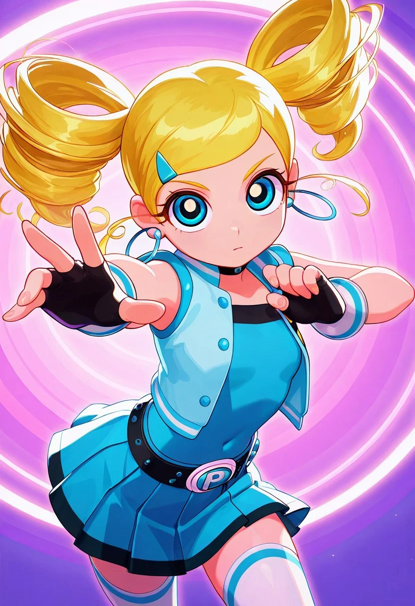 [#👧;🦸‍♀️]side_light,4k,(masterpiece:1.4),(best quality:1.4),(high resolution:1.4),Ultra HD, HDR,(hyperdetailed),smooth lighting,source_anime,very aesthetic,intricate details,intense,highres,vibrant colors,detailed_shadows,detailed_reflections,high-quality textures,depth of field,good shading,studio quality,epic lighting,digital illustration,path_tracing,rtx_on_styled_lighting_and_reflections,<lora:add-detail-xl:1>,looking at viewer,unblurred,perfect composition,intricate details,incredibly absurdres,dynamic angle [ONLY1girl,solo,symmetry,show accurate proportions,ppgzmiyako,rollingbubbles,\(Powerpuff Girls Z©\),long eyelashes,thick eyelashes,soul,emotions,"blonde hair,twin drills,hair onament,blue hairclip","black gloves,fingerless gloves,perfect hands,perfection,5 fingers,perfectly detailed fingers","detailed costume,blue shirt,blue vest,blue skirt,short skirt,👗,strapless,sleeveless dress,simple black belt,navel,white thighhighs,pleated skirt",""manga eyes,perfect eyes,detailed eyes,blue eyes",jewelry,hoop earrings,earrings,action pose,looking at viewer,dynamic pose,fighting stance,cowboy shot,shaded,beautiful lighting,detailed eyes,perfect eyes,fighting stance,leaning forward,dynamic pose,reaching towards viewer,cowboy shot,multicolored background,neon lights,dutch angle,MarvelRivals,screenshot]