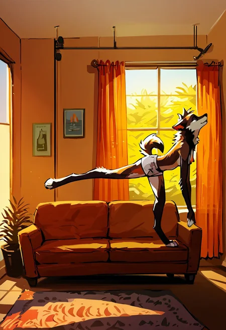 score_9, score_8_up, score_7_up, score_6_up, intricately detailed illustration, source_furry, masterpiece, best quality, highly detailed, 
1girl, furry, anthro wolf, wolf face, white fur, fur covered, digitigrade legs, shoulder-length, straight hair with a deep side part, medium breasts, nipples, short white shorts, uncovered chest, stretching, (bent over, holding ankles),
casual, couch, window, messy room, curtains, shelves, sitting on couch, potted plants, shelves posters, pipes, brick wall, 
invncbl, artbook illustration