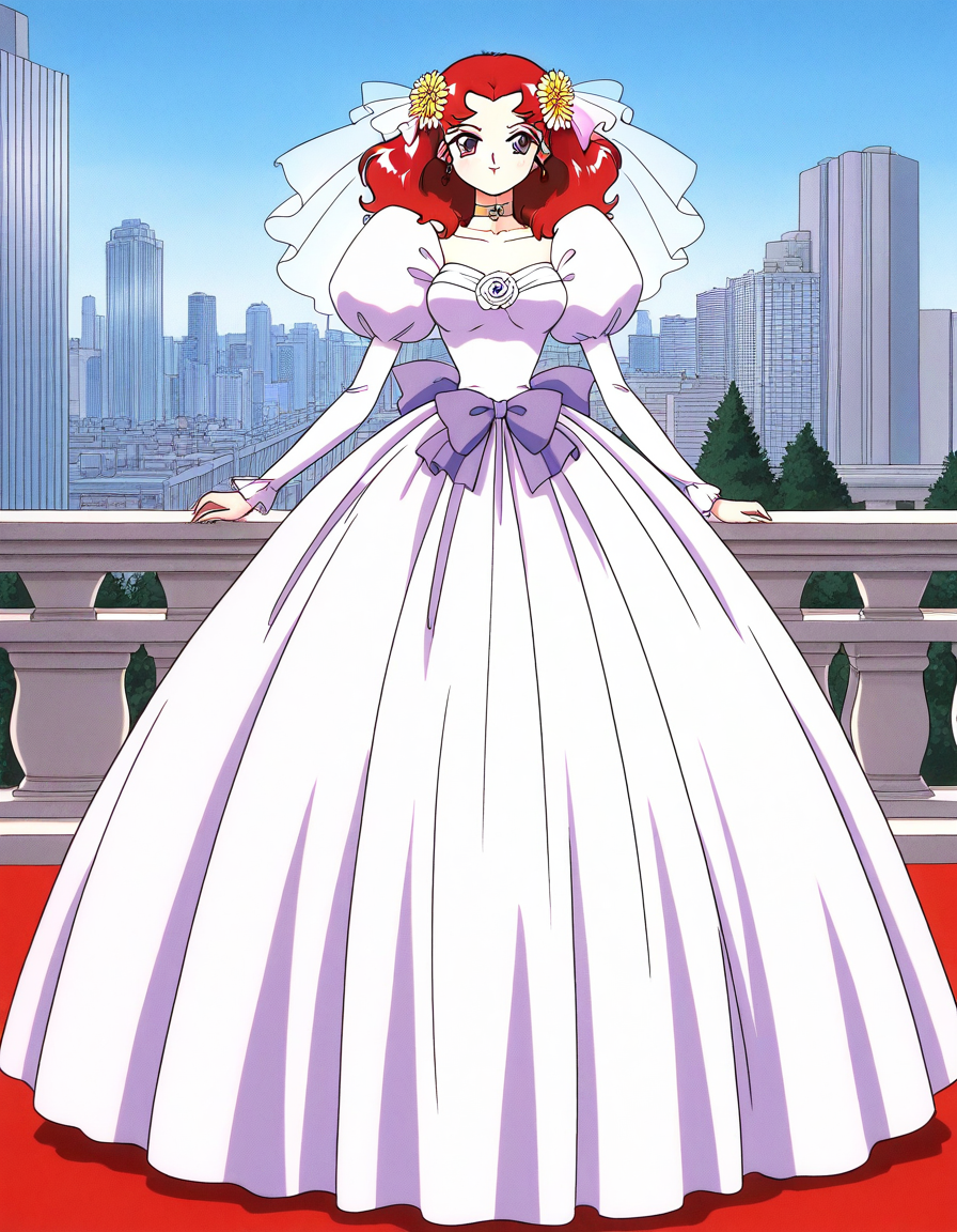 general,highres, ultra-detailed,very aesthetic,best quality ,best hands,  BREAK <lora:Scarlett_ohara_IS:1> Scarlett_ohara, 1girl,solo, red hair, long hair, purple eyes, breasts, 1990s (style), anime coloring, 
wedding dress, veil, flower, hair flower, choker, brown hair, 
 hair ornament, puffy sleeves, full body, white dress, bridal veil, looking at viewer, standing, smile, 
bow, long dress, bride, jewelry, black eyes, long sleeves, earrings, medium hair
day, say,  city,