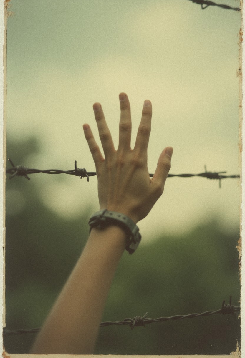 "A Polaroid of a hand reaching out through barbed wire, soft focus with a creamy bokeh, analog noise speckling the image, faint echoes of gunfire painted in watercolor-like streaks, an artsy fusion of despair and hope." cinematic_1940s cinematic_octane