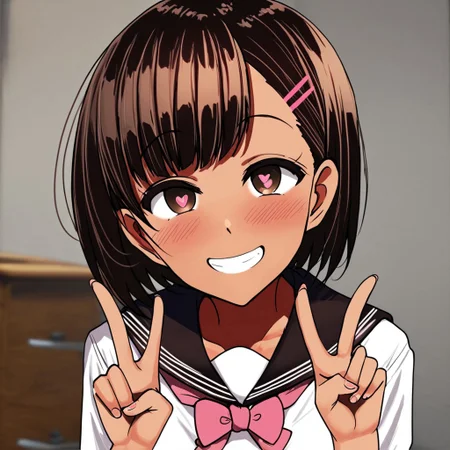 score_9, score_8_up, score_7_up, 1girl, one-piece tan, flat chest, brown eyes , indoors, brown hair, medium hair, slim waist, hair clip<lora:Motsuaki_StyleV1_r1:0.8>, solo, aroused, smug smile, blush, school uniform, heart shaped pupils, submissive, horny, teeth, peace sign