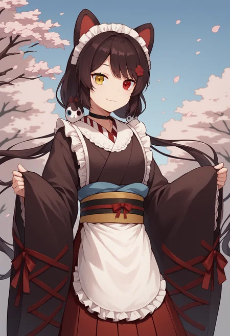 score_9, score_8_up, score_7_up, source_anime, it1, dog girl, heterochromia, yellow eyes, red eyes, animal ears, dog ears, brown hair, black hair, long hair, twintails, low twintails, flower, hair flower, red flower, hair ornament, wa maid, maid headdress, choker, black choker, kimono, brown kimono, black kimono, obi, apron, white apron, sleeves past wrists, hakama, red hakama, skirt, red skirt, hakama skirt, frilled skirt, smile, sky, cherry blossoms, looking at viewer, expressionless, smile<lora:InuiTokoXLv2:1>