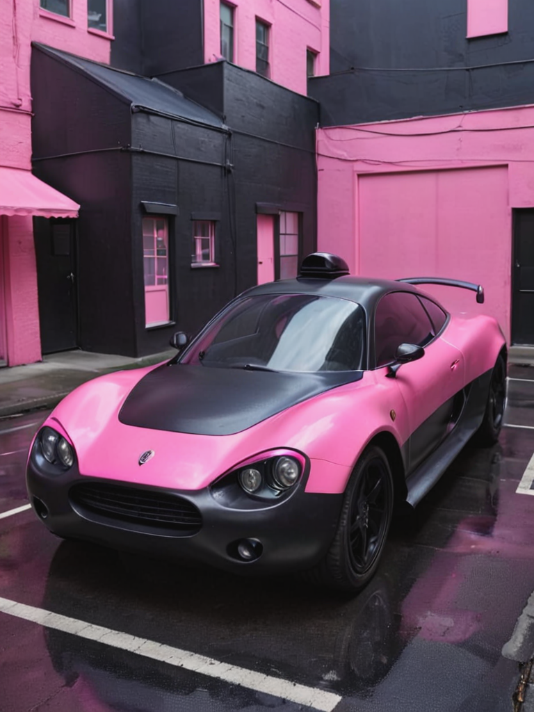 wrnoultx, fine line artwork, a rubber car with rubber lights on a pink latex street with black latex buildings, deep shadows, <lora:- SDXL - wrnoultx_rubber_coating_V1.0:1>  <lora:- SDXL - n-eeyblch_eye_bleach_V1.0:-0.5> n-eeyblch