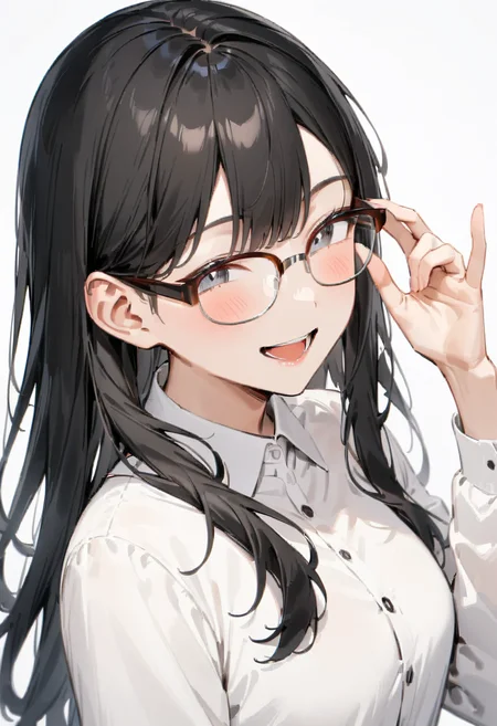 masterpiece, best quality, very aesthetic, absurdres,
1girl, solo, black hair, long hair,
sirmont16A, glasses, 
collared shirt, happy, smile, looking at viewer, adjusting eyewear, white background, simple background,
 <lora:glasses_sirmont2_SDXL_V1:1>