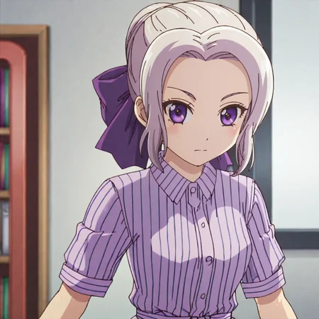<lora:Shinokanojoxkanojo_pony_v1:.8>ShinoPurpleDress2, 1girl, purple eyes, purple dress, hair bow, short sleeves, striped dress, purple bow, white hair, purple ribbon, cowboy shot