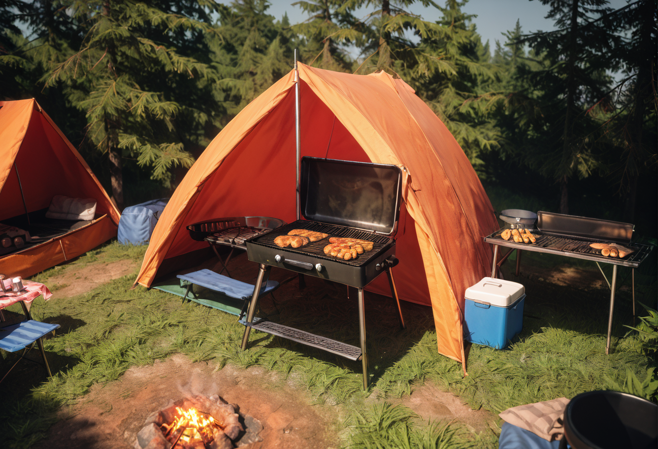 ,ruanyi1256,outdoors,tent,grill,<lora:1256 camping_v1_pony:1>, score_9,score_8_up,score_7_up,,8k,1girl,solo,,