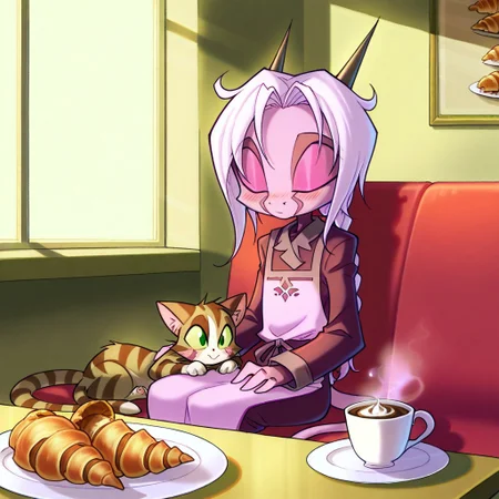 score_9, score_8_up, score_7_up,namah_calah,
1girl,solo,furry,tail, source_furry,horns,
,<lora:namah_calah_illustrious:0.8>,
child, kid,
sips hot cocoa while a tabby cat naps on her lap. A half-eaten croissant sits on a floral plate, and sunlight streams through café windows, cafe, cat, hot_chocolate, croissant, plate, sunlight, lap, blush, floral_print, window_seat, steam, apron, braided_hair