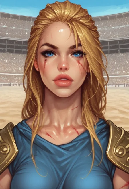1girl, (((front view))), illustration, highly detailed, skinny, model body, looking at viewer, 1girl, masterpiece, best quality, femgladiator, scar, bloody, dynamic pose, <lora:Gladiator_F_For_Honor:0.9>
BREAK
(((((Bestiary gladiator armor))))), ((((dynamic pose))))
long hair, blonde hair, big hair, blue eyes,
(((a short soft tunic, arms and legs bandaged with tight bandages)))
best quality, depth of field, bokeh, (((full clothed))),
BREAK
((((outdoor, gladiator arena, sand, colosseum, scars, bloody:1.2)))) score_9, score_8_up, score_7_up, score_6_up, source_cartoon, rating_explicit, Expressiveh, ((((upper body))))), dynamic pose,