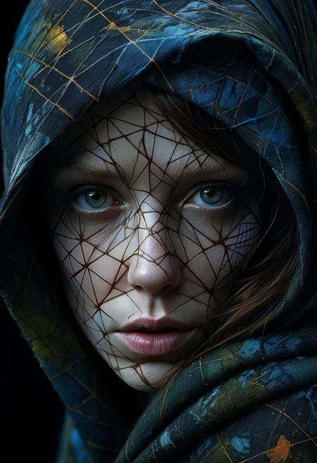 Close-up face, mysterious silhouette of a scottish woman in worn down clothing, goddess, alluring, by Minjae Lee, Carne Griffiths, Emily Kell, Steve McCurry, Geoffroy Thoorens, Aaron Horkey, Jordan Grimmer, Greg Rutkowski, amazing depth, double exposure, surreal, geometric patterns, intricately detailed, bokeh, perfect balanced, deep fine borders, artistic photorealism , smooth, great masterwork by Suiras <lora:add-detail-xl:2> <lora:Double_Exposure:0.5>