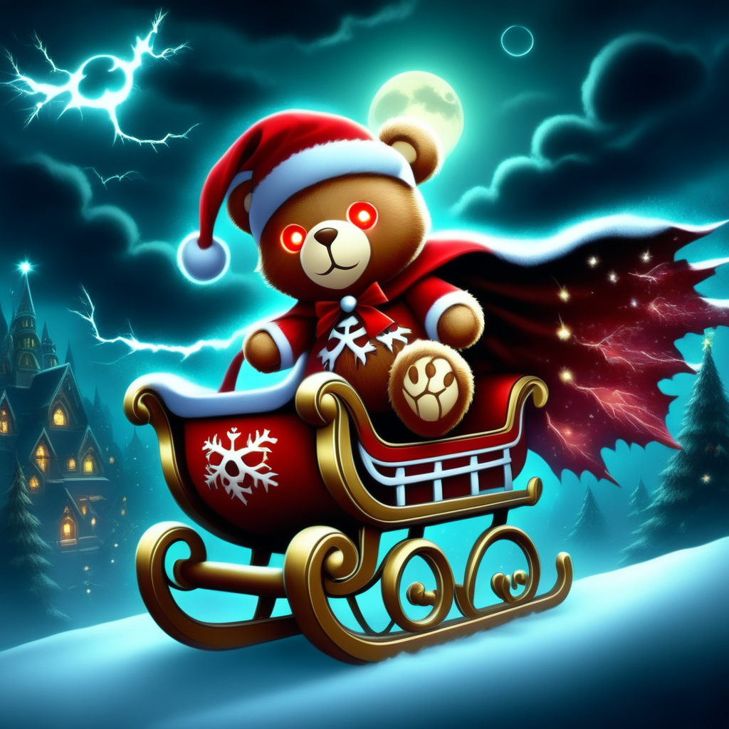 anime artwork   <lora:Christmas-Rockin_teddies_sdxl1.0:1> xmastedx,Horror-themed an emo teddy bear wearing a Santa outfit and a santa hat, he has a flying christmas sleigh, glowing red eyes, tattered velvet cape, jagged toys, in the sleigh, stormy Christmas Eve, dark clouds, lightning, glowing moon, dramatic lighting, low-angle shot, eerie shadows, vibrant contrasts, gothic aesthetic, night sky . anime style, key visual, vibrant, studio anime,  highly detailed