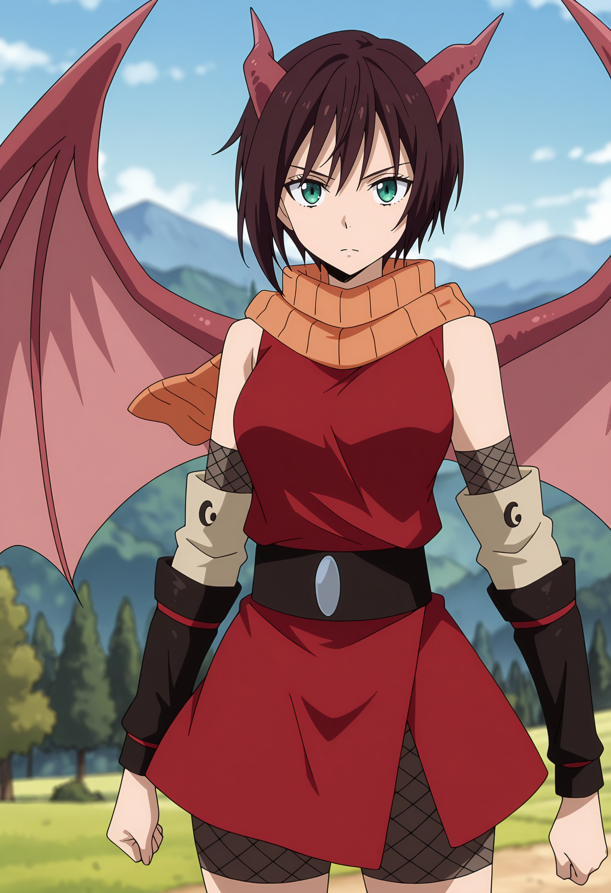 anime screencap, masterpiece, best quality,
<lora:TenSura_Souka_IlluXL:0.9>,
1girl, solo, closed mouth, serious,
short hair, brown hair, green eyes, dragon horns, dragon wings,
orange scarf, red shirt, black belt, red skirt, bike shorts, fishnet legwear, detached sleeves,
midair, looking at viewer, cowboy shot,
blurry background, outdoors, mountainous horizon, scenery, forest, blue sky