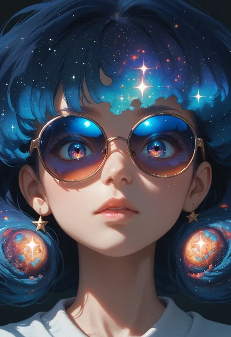 lazyup7, source_anime, extreme close-up, eye, galaxy iris, looking over sunglasses