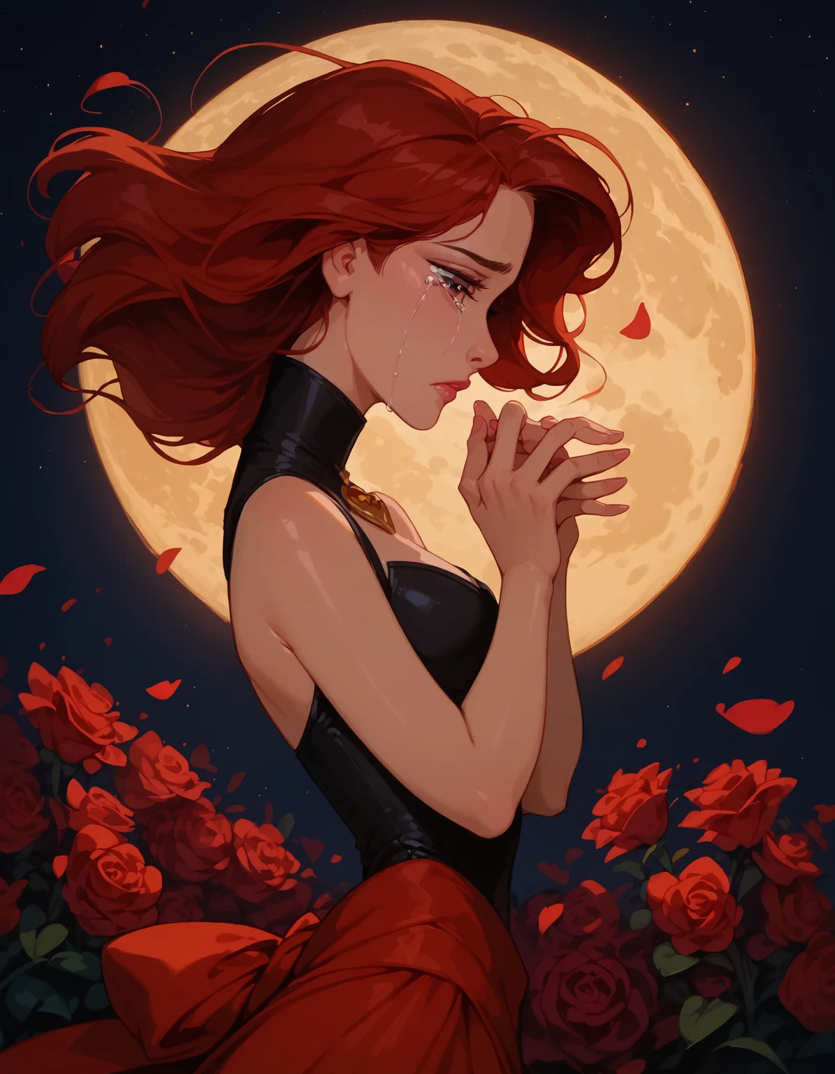 <lora:Disney_Style:.9> <lora:princess_xl_v2:.75> <lora:add-detail-xl:.9> <lora:g0th1cPXL:.3> <lora:Cherry-Gig:.45> <lora:Expressive_H:1> <lora:PLASTT_PonyV6:1> score_9, score_8_up, score_7_up, zPDXL, DisneyRenstyle, score_9,score_8_up,score_7_up,score_6_up, scenic balcony, night, moon, moon light, (red flower petals floating behind girl, floating rose petals behind girl, romantic), (((standing, 3/4 view, side view, side profile))),
1girl, attractive 18 year old, red hair, short hair, messy hair, brown eyes, (((sad expression, tears, heartbroken))), (((hand on heart, clutching heart, looking down))), (solo), (black leotard:1.2, high neck), (red sarong, red boots, black choker), (((holding red flowers by side, hand down, arms down))), shiny skin, perfect reflection, small hips, slender, hourglass figure, attractive, shiny skin, perfect reflection, small hips, slender, perfect face, perfect hands, g0thicPXL, Expressiveh,
score_9, score_8_up, score_7_up, depth of field, realistic shadow, motion lines, Expressiveh, realistic, dramatic lighting, beautiful, animation, sharp focus, award winning, masterpiece, dynamic, cinematic lighting, great attention to skin and eyes, breathtaking, exquisite, exceptional,